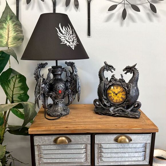 Twin Evil Dragons Antiqued Mantel Clock Table Desk - Picture 5 of 7